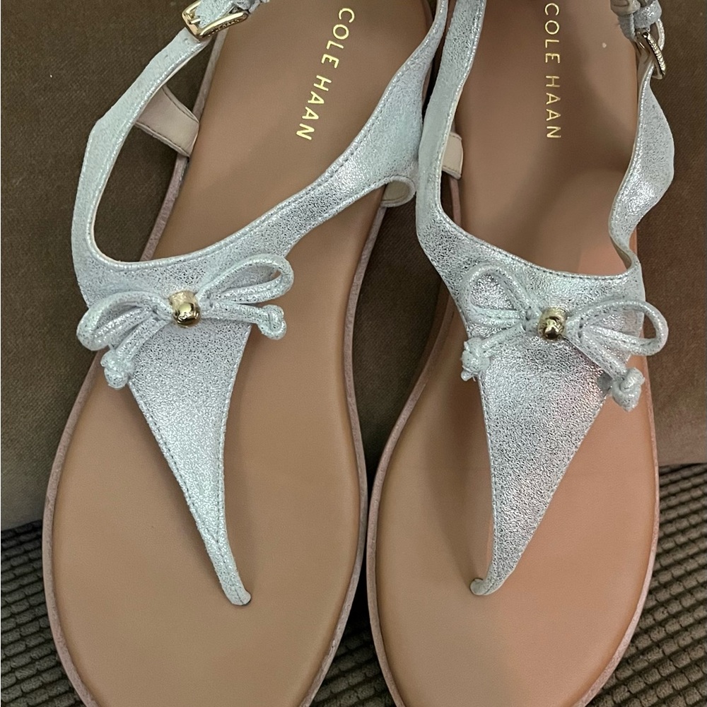 EUC. Cole Haan flat metallic silver sandals.